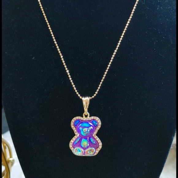 Iridescent Gummy Teddy Bear Pendant  on Chain Necklace Gold Plated Steel New - Picture 2 of 4